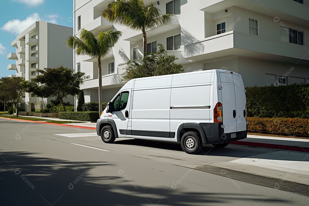Uma van de carga branca com um trailer vazio em branco
