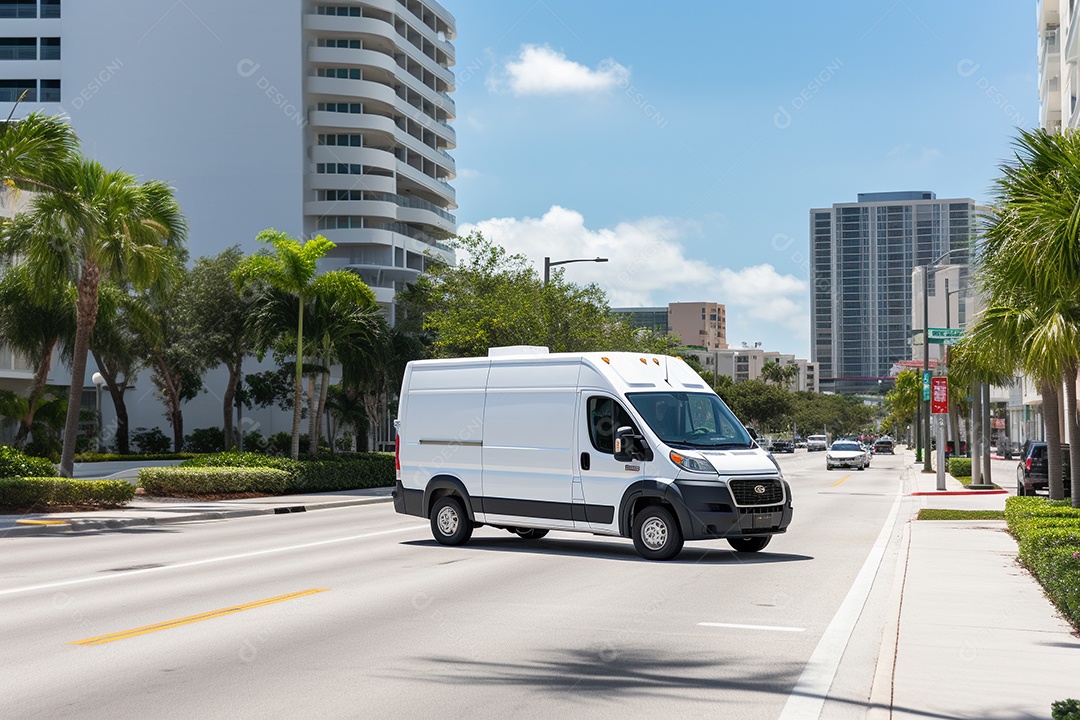 Uma van de carga branca com um trailer vazio em branco
