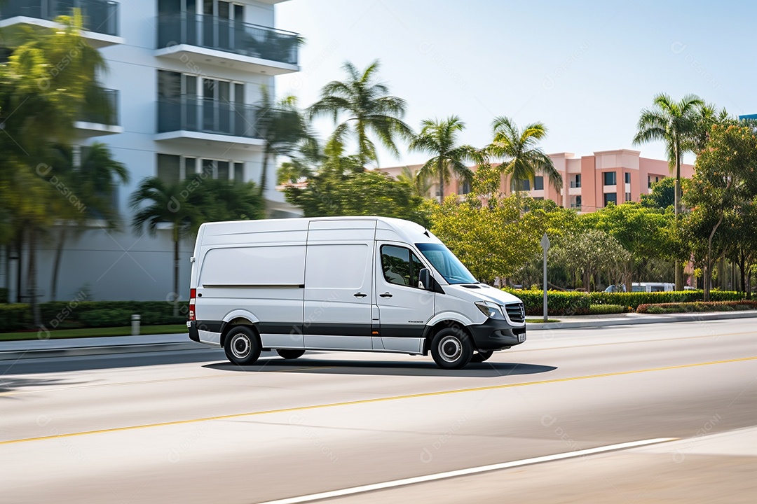 Uma van de carga branca com um trailer vazio em branco