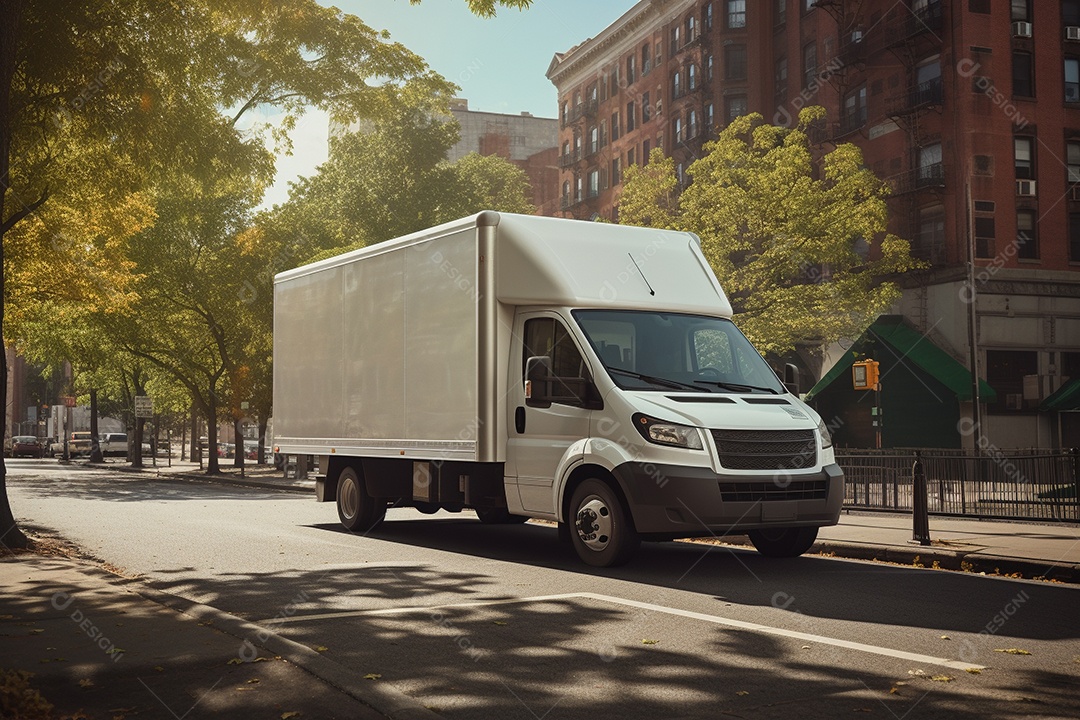 Uma van de carga branca com um trailer vazio em branco