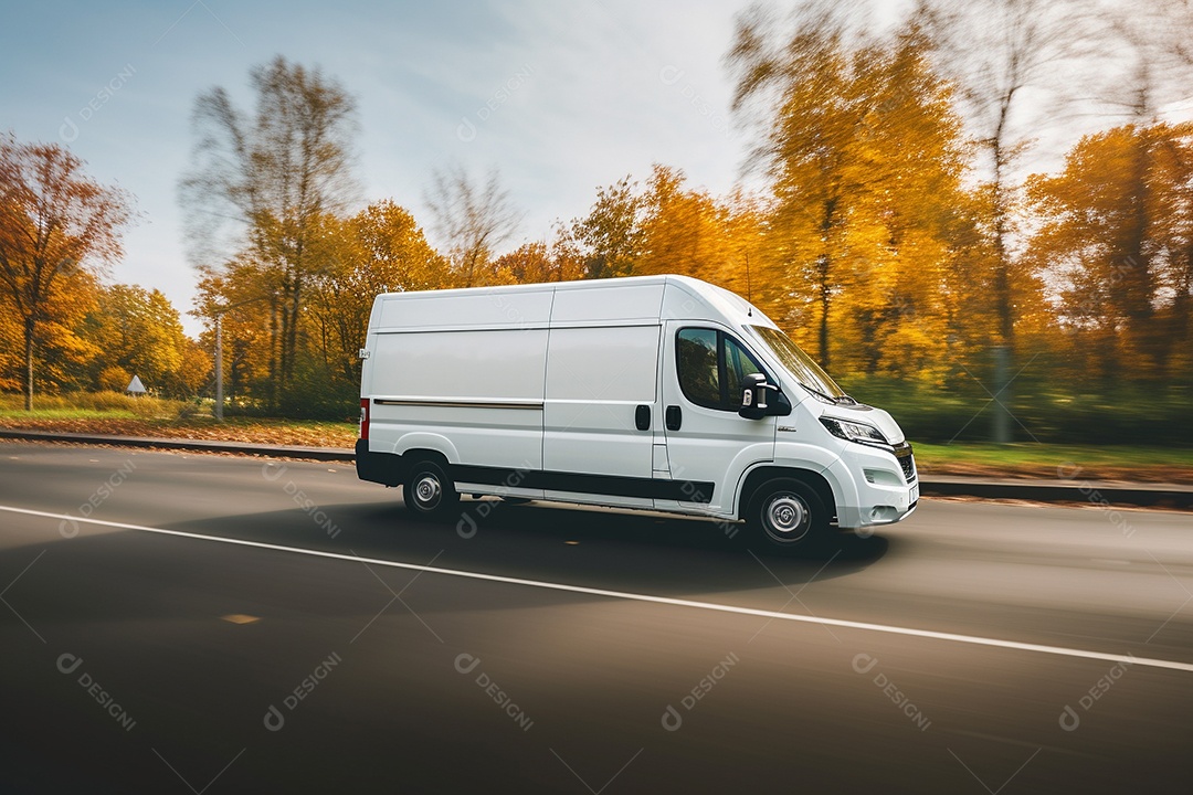 Uma van de carga branca com um trailer vazio em branco