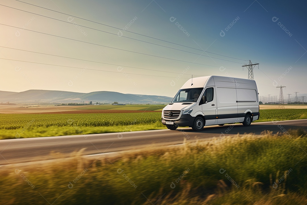 Uma van de carga branca com um trailer vazio em branco