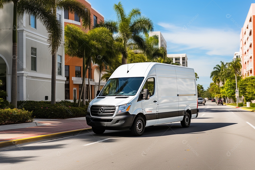 Uma van de carga branca com um trailer vazio em branco