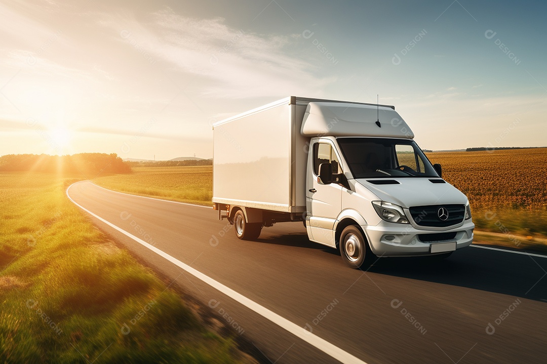 Van de carga branca com um trailer vazio e branco