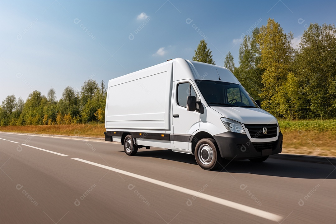 Van de carga branca com um trailer vazio e branco