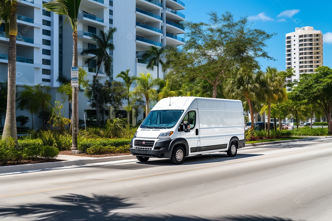 Van de carga branca com um trailer vazio e branco