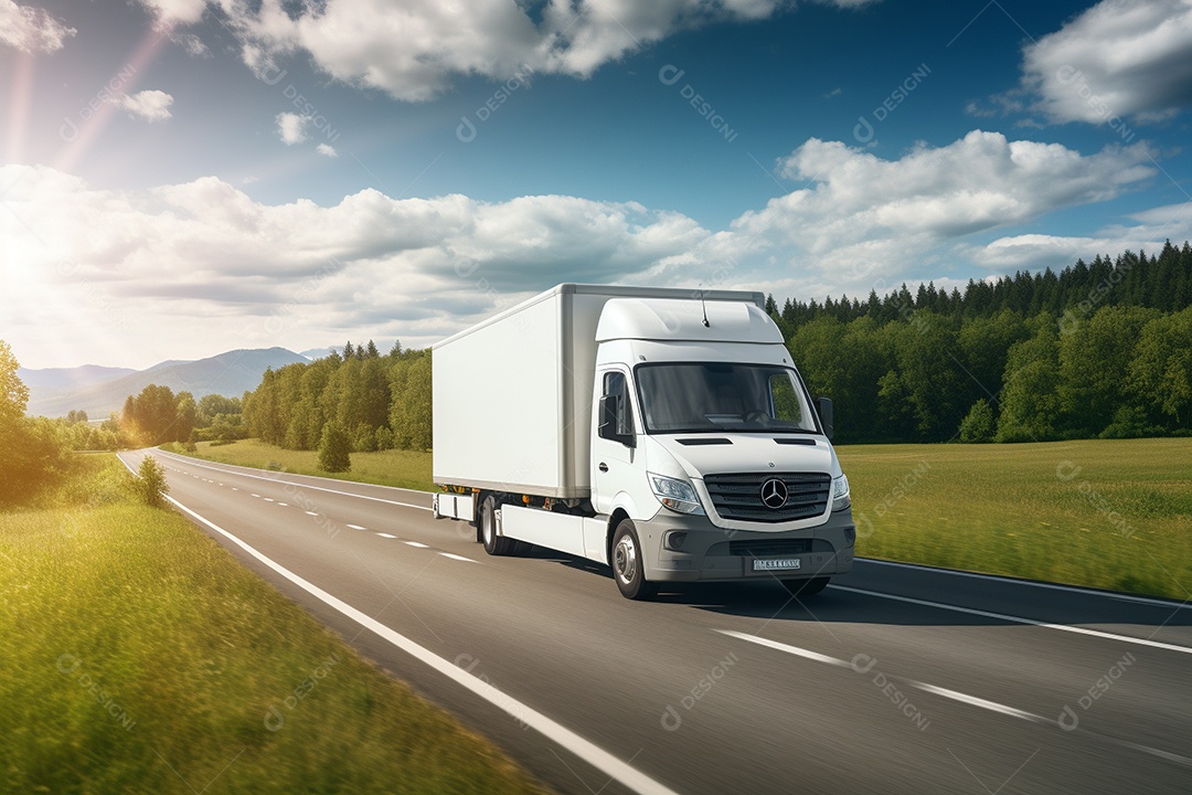 Van de carga branca com um trailer vazio e branco