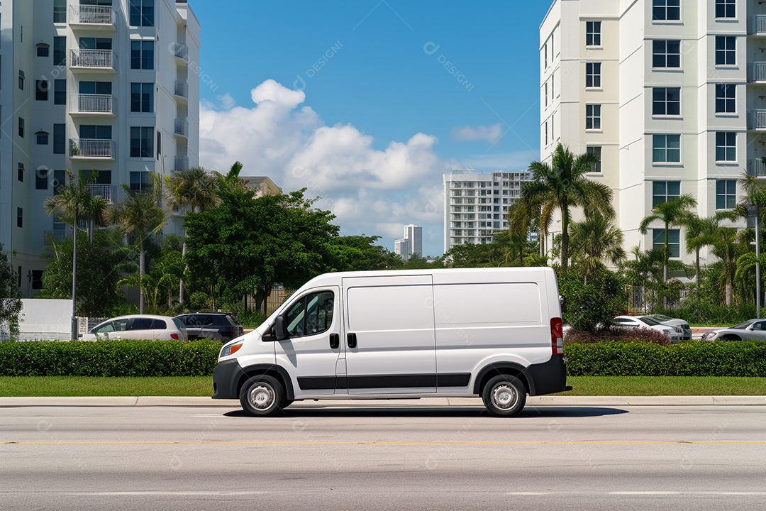 Van de carga branca com um trailer vazio e branco