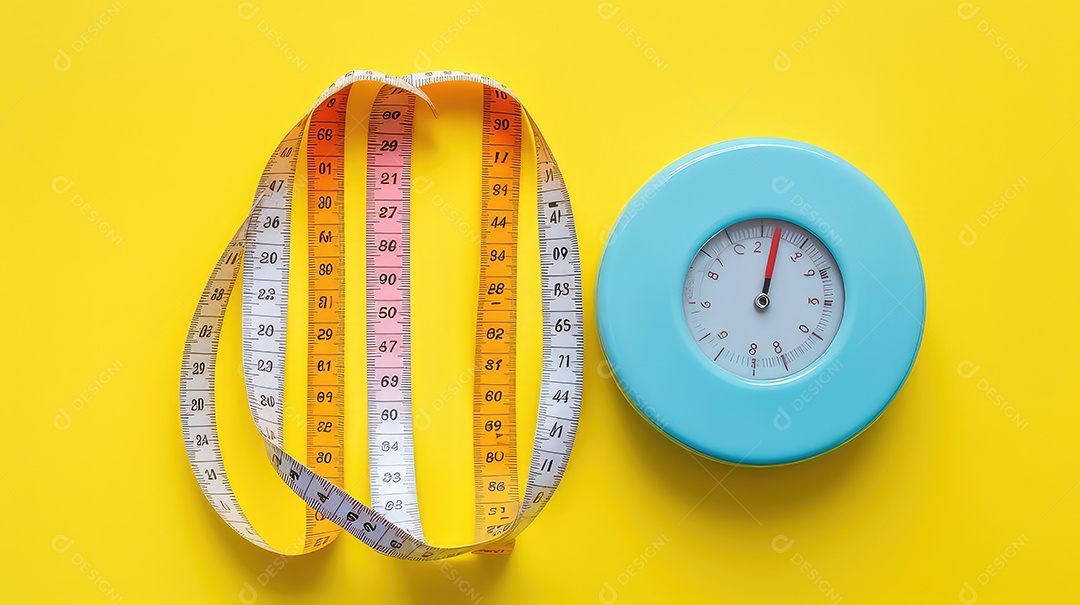 Fita métrica com relógio sobre fundo colorido