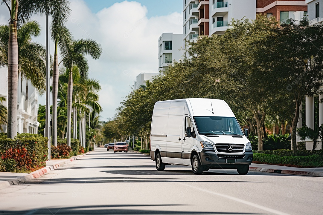 Van de carga branca com um trailer vazio e branco