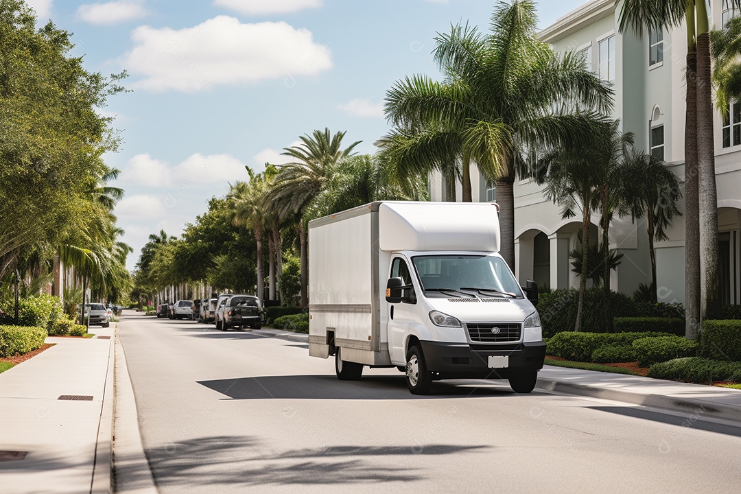 Van de carga branca com um trailer vazio e branco