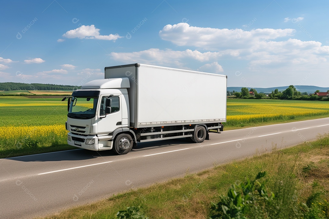 Van de carga branca com um trailer vazio e branco