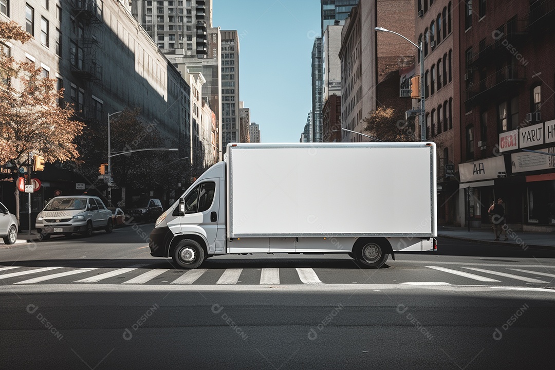 Van de carga branca com um trailer vazio e branco