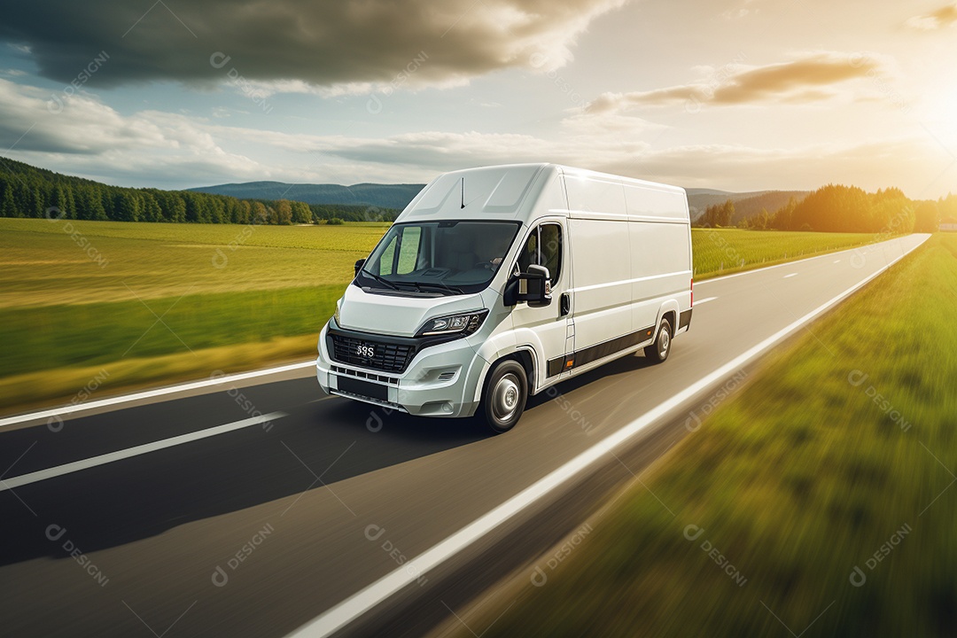 Uma van de carga branca com um trailer vazio em branco