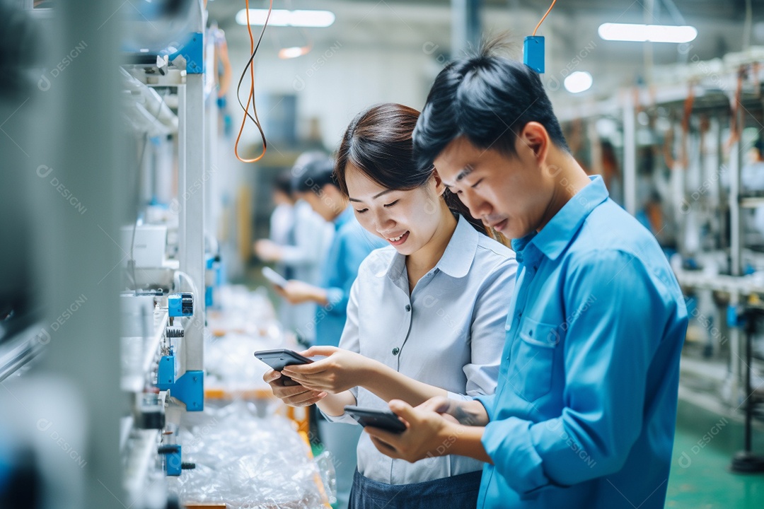 Trabalhadores asiáticos trabalhando na fábrica de produção de tecnologia