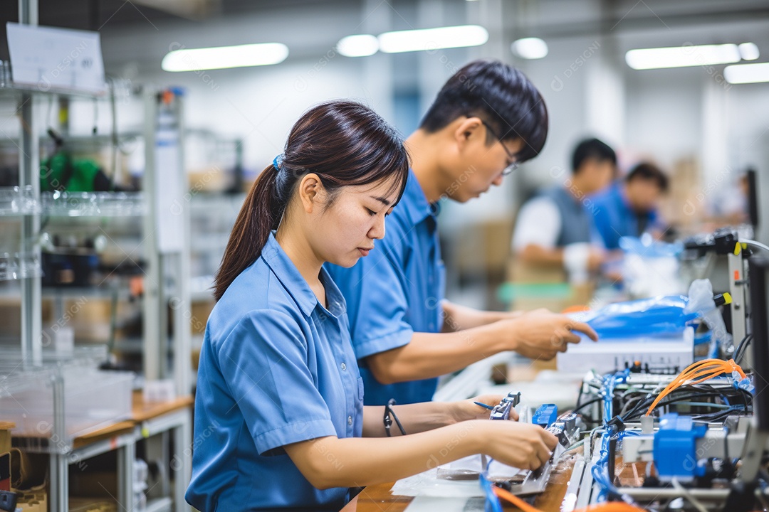 Trabalhadores asiáticos trabalhando na fábrica de produção de tecnologia