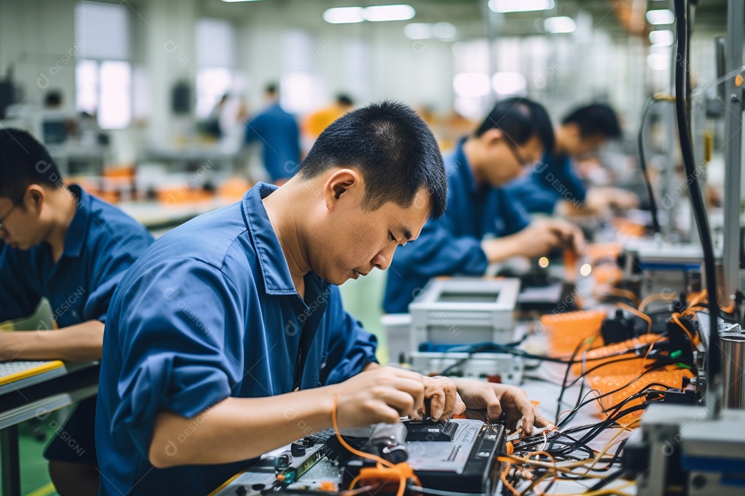 Trabalhadores asiáticos trabalhando na fábrica de produção de tecnologia