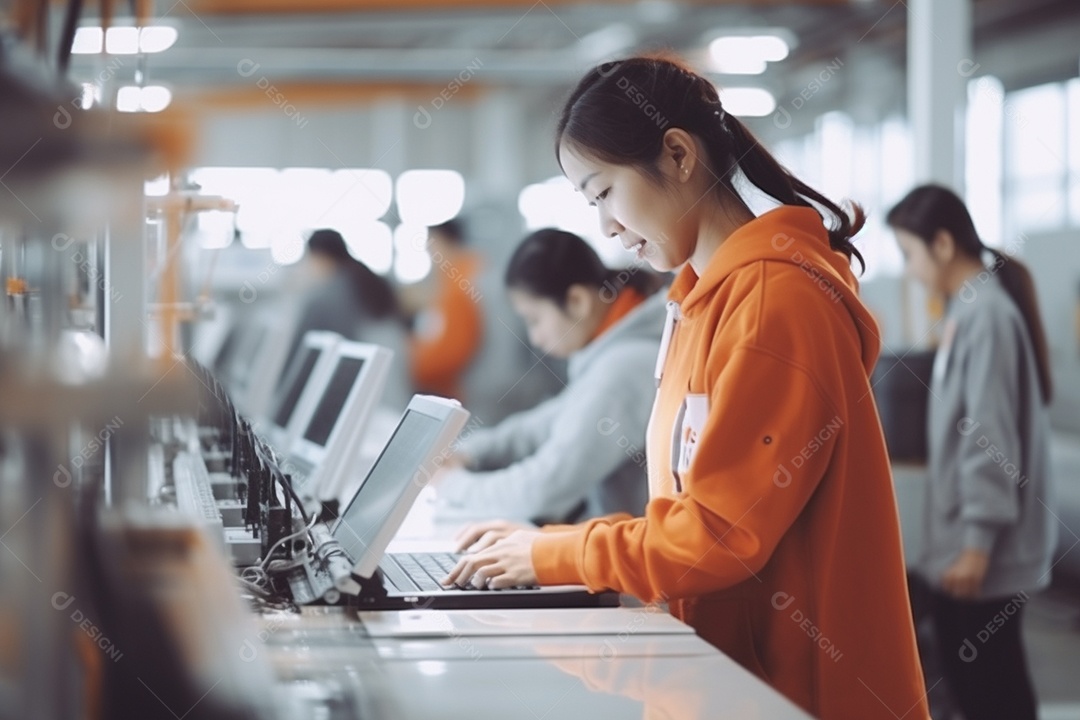 Trabalhadores asiáticos trabalhando na fábrica de produção de tecnologia