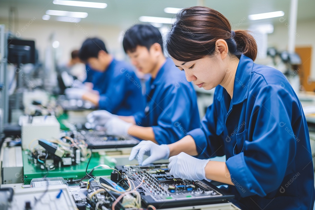 Trabalhadores asiáticos trabalhando na fábrica de produção de tecnologia