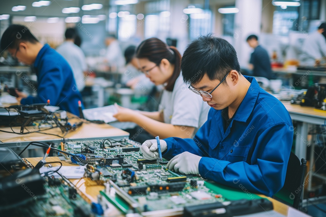 Trabalhadores asiáticos trabalhando na fábrica de produção de tecnologia