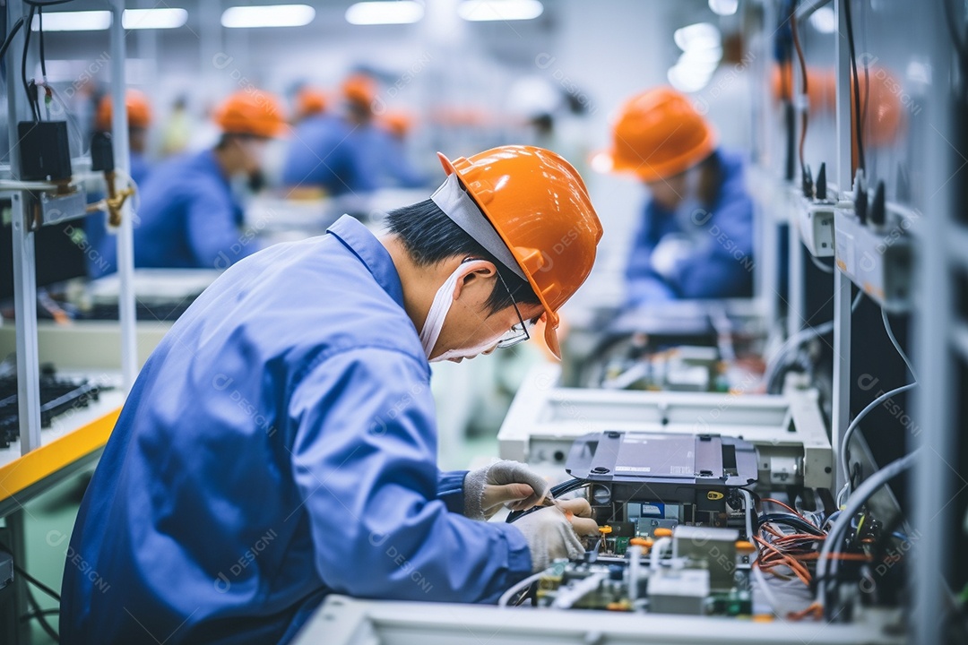 Trabalhadores asiáticos trabalhando na fábrica de produção de tecnologia