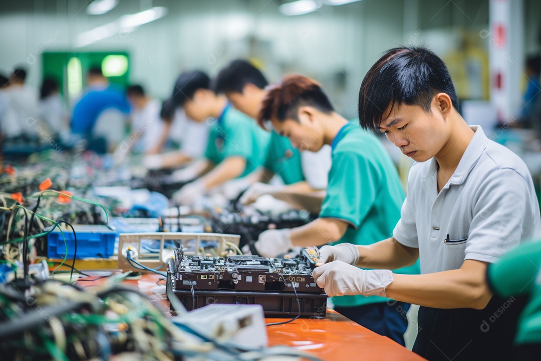 Trabalhadores asiáticos trabalhando na fábrica de produção de tecnologia