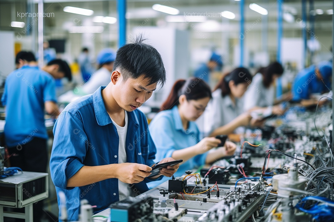 Trabalhadores asiáticos trabalhando na fábrica de produção de tecnologia