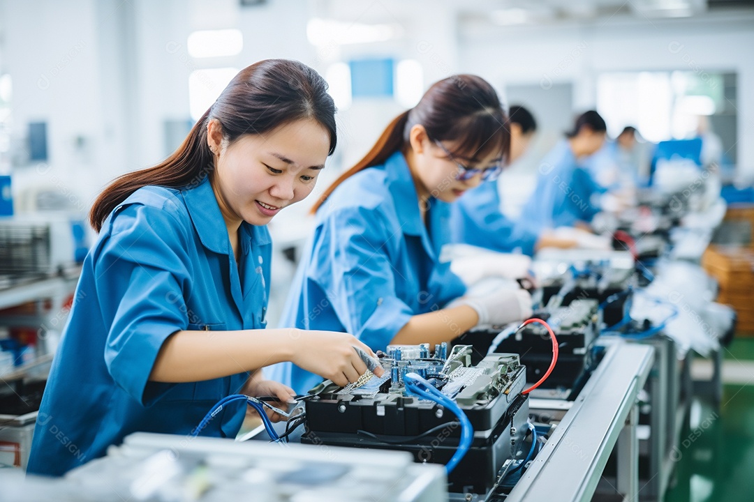 Trabalhadores asiáticos trabalhando na fábrica de produção de tecnologia