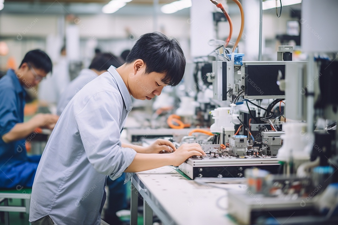 Trabalhadores asiáticos trabalhando na fábrica de produção de tecnologia