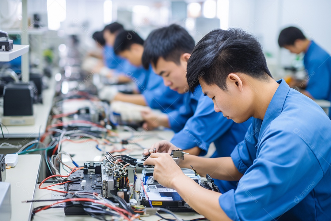 Trabalhadores asiáticos trabalhando na fábrica de produção de tecnologia