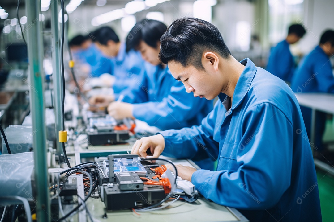 Trabalhadores asiáticos trabalhando na fábrica de produção de tecnologia