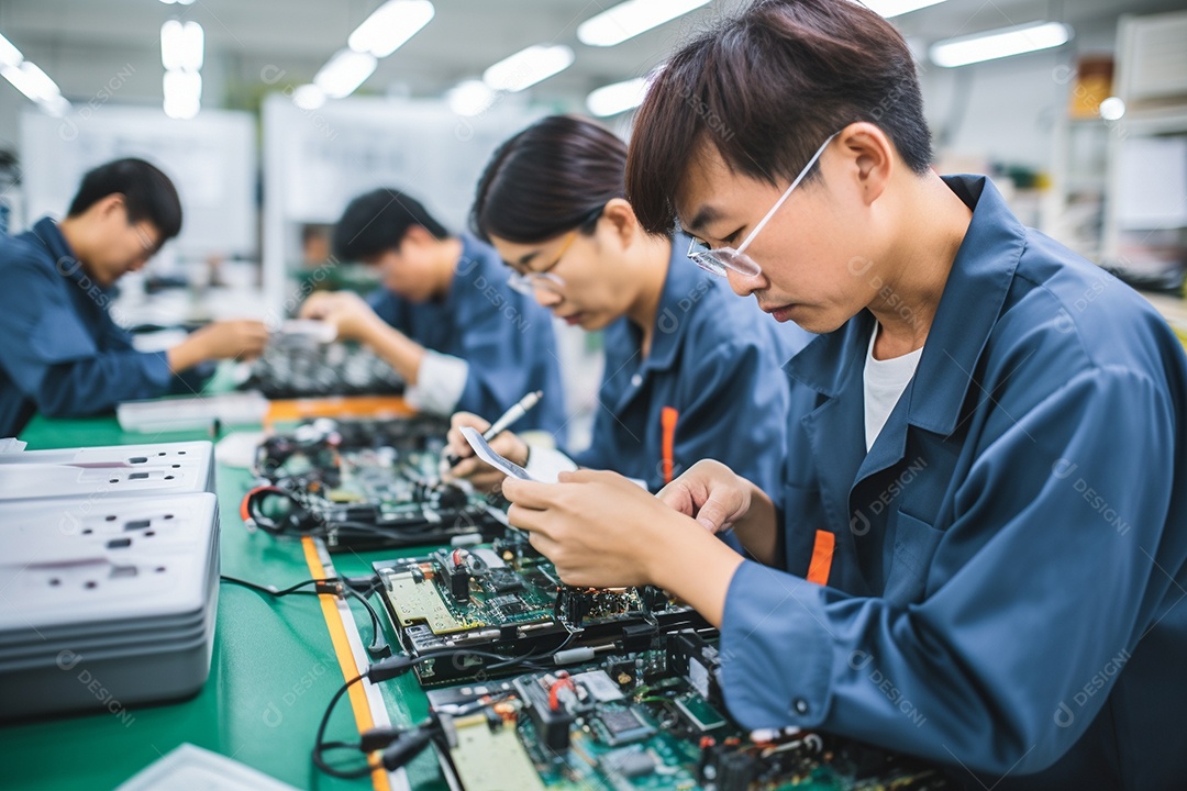 Trabalhadores asiáticos trabalhando na fábrica de produção de tecnologia