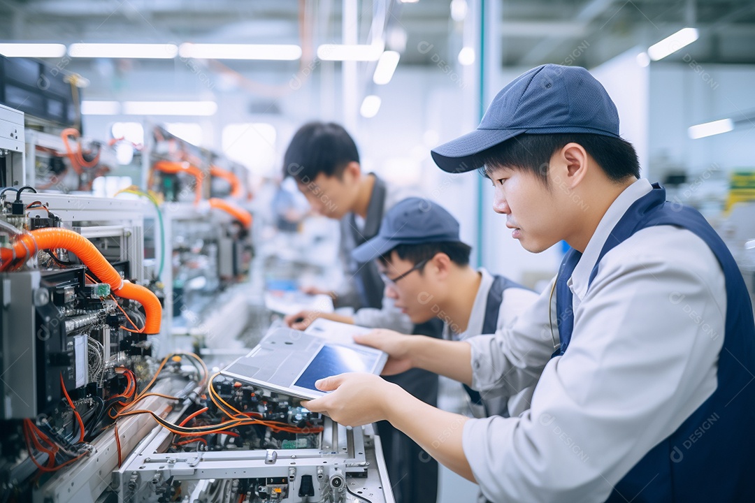 Trabalhadores asiáticos trabalhando na fábrica de produção de tecnologia