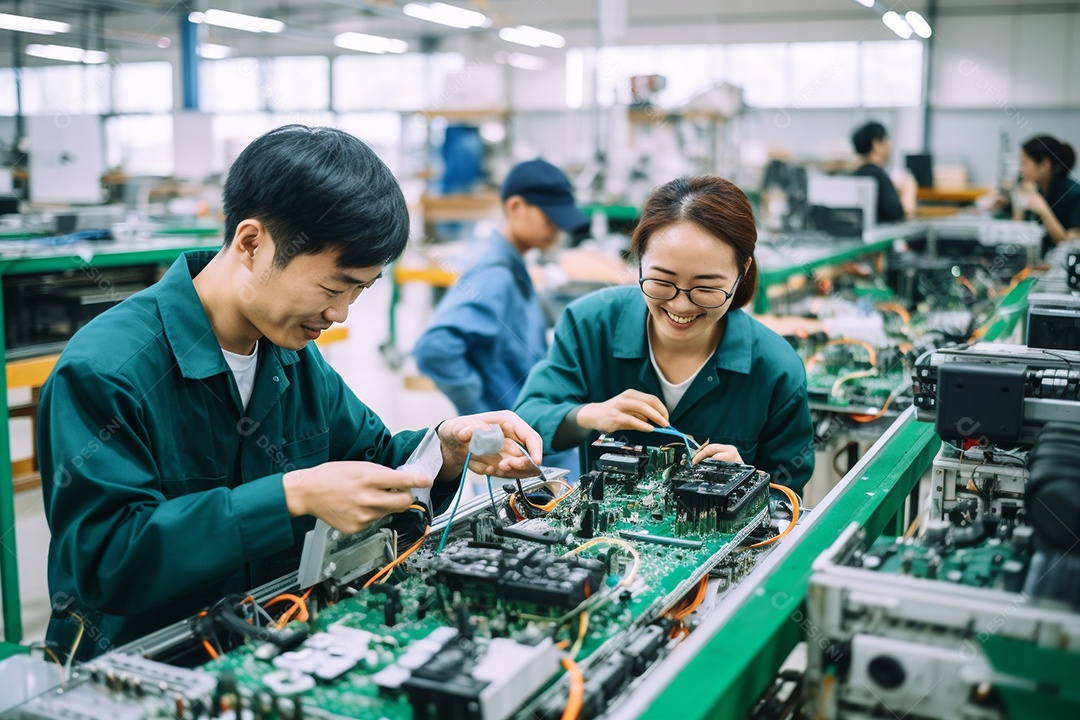 Trabalhadores asiáticos trabalhando na fábrica de produção de tecnologia