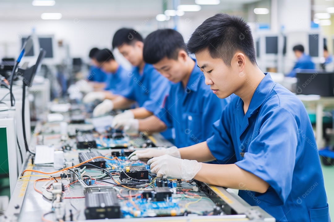 Trabalhadores asiáticos trabalhando na fábrica de produção de tecnologia