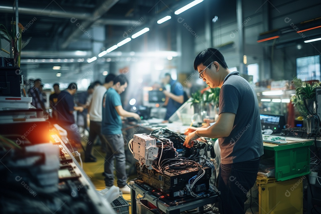Trabalhadores asiáticos trabalhando na fábrica de produção de tecnologia