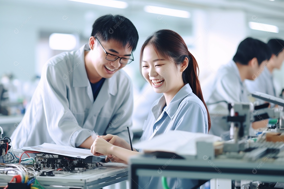 Trabalhadores asiáticos trabalhando na fábrica de produção de tecnologia