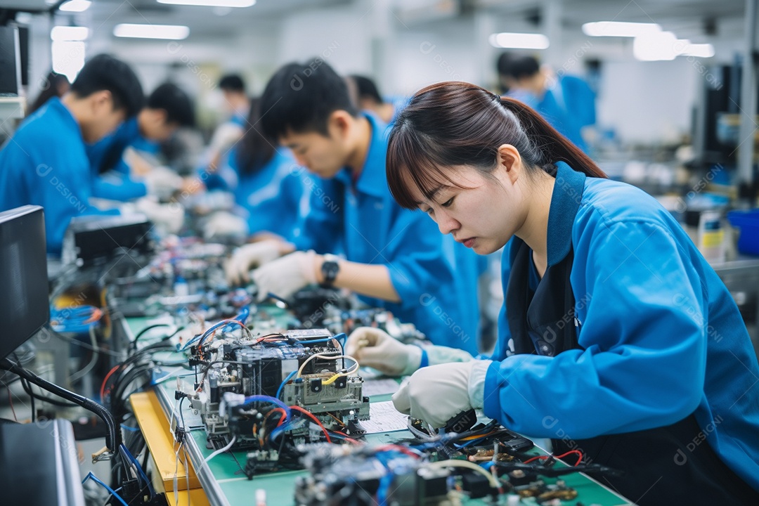 Trabalhadores asiáticos trabalhando na fábrica de produção de tecnologia