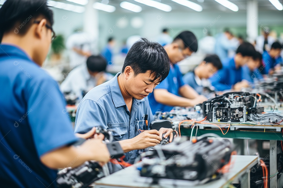 Trabalhadores asiáticos trabalhando na fábrica de produção de tecnologia