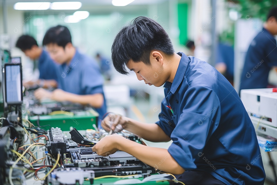 Trabalhadores asiáticos trabalhando na fábrica de produção de tecnologia