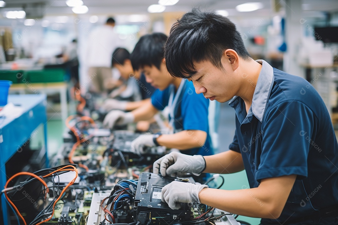 Trabalhadores asiáticos trabalhando na fábrica de produção de tecnologia