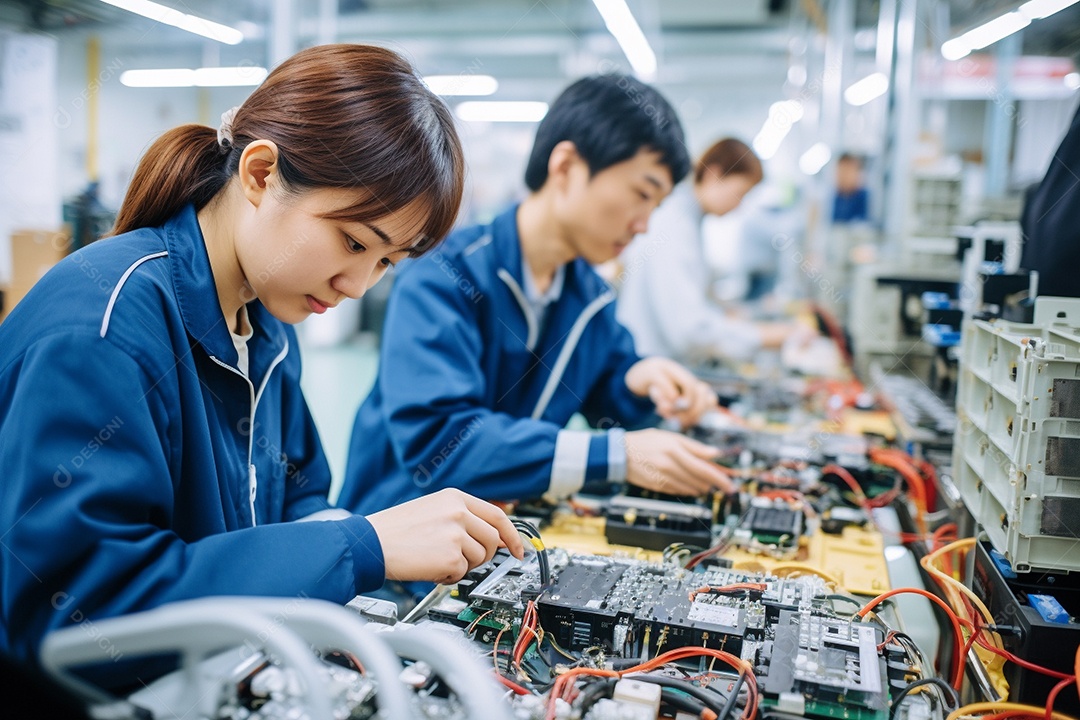 Trabalhadores asiáticos trabalhando na fábrica de produção de tecnologia
