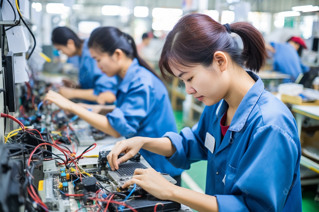 Trabalhadores asiáticos trabalhando na fábrica de produção de tecnologia