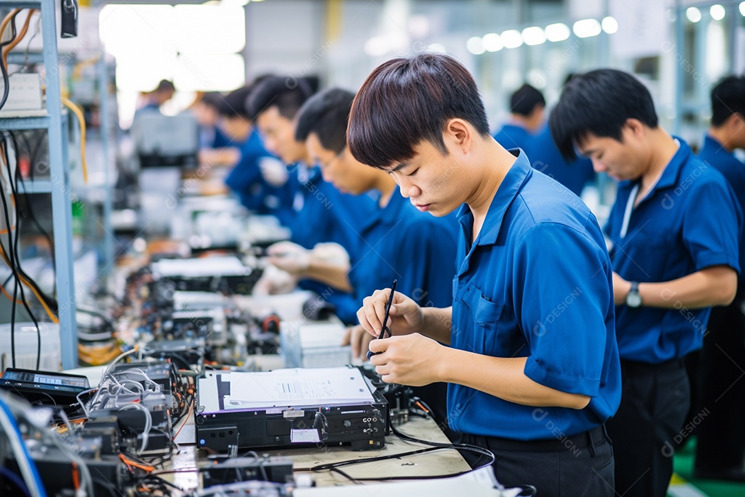 Trabalhadores asiáticos trabalhando na fábrica de produção de tecnologia