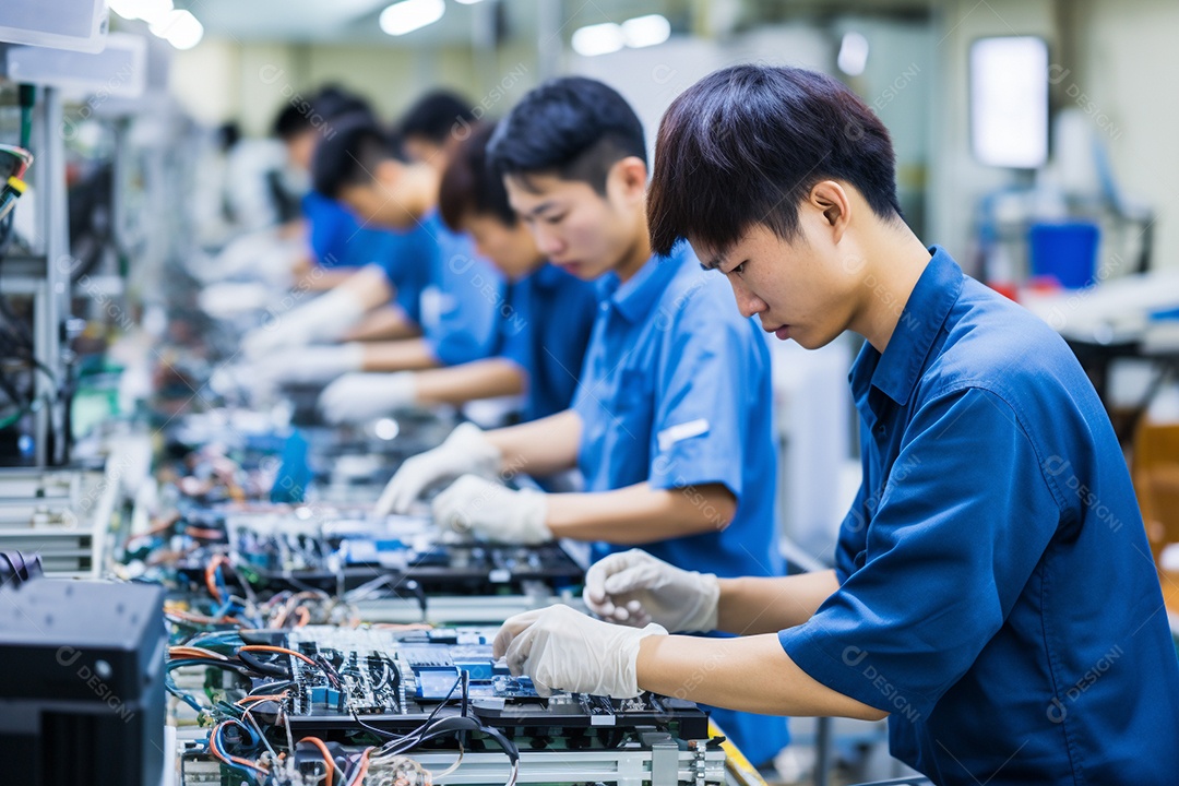 Trabalhadores asiáticos trabalhando na fábrica de produção de tecnologia