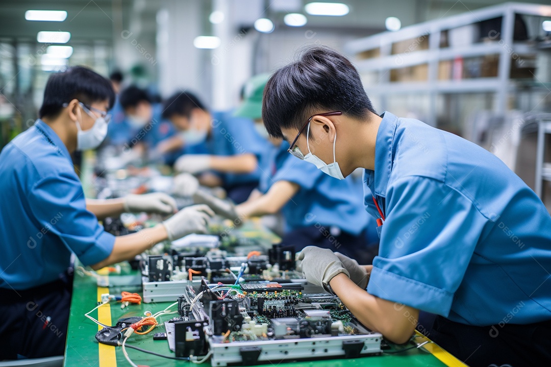 Trabalhadores asiáticos trabalhando na fábrica de produção de tecnologia