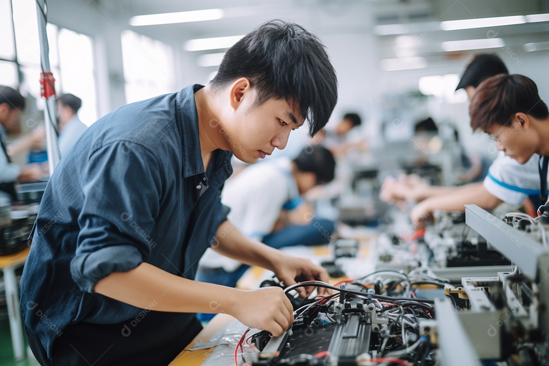 Trabalhadores asiáticos trabalhando na fábrica de produção de tecnologia