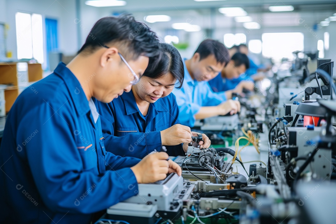 Trabalhadores asiáticos trabalhando na fábrica de produção de tecnologia