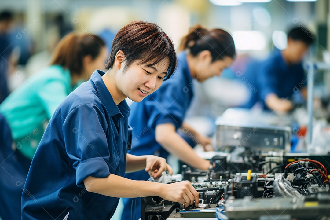Trabalhadores asiáticos trabalhando na fábrica de produção de tecnologia