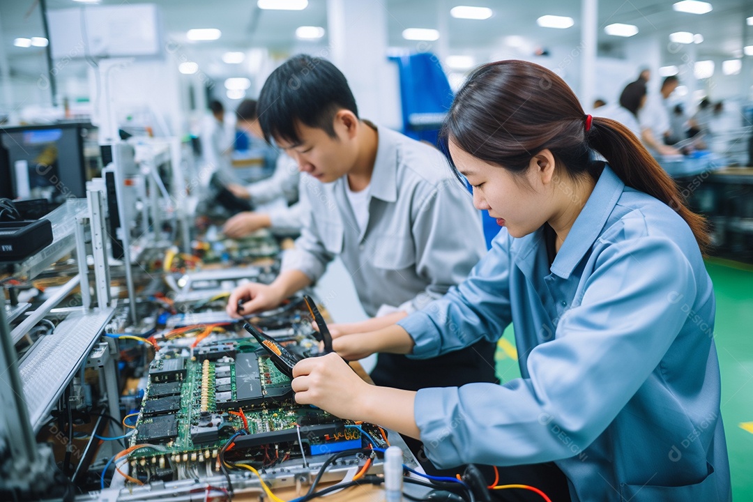 Trabalhadores asiáticos trabalhando na fábrica de produção de tecnologia